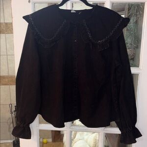 ASOS Black Ruffled Button-Up Blouse Size 12 Cottage Core 80’s